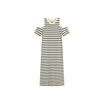 Famanxuan Short Sleeved Dresses Women's Classic Almond Black Stripe