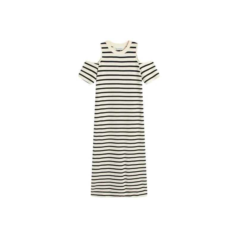 Famanxuan Short-Sleeved Dresses Women's Classic Almond Black Stripe-0