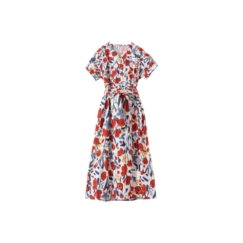Wbwq Short Sleeved Dress Women's Red Blue Floral