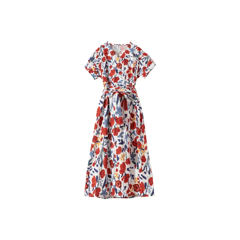 Wbwq Short Sleeved Dress Women's Red Blue Floral-0