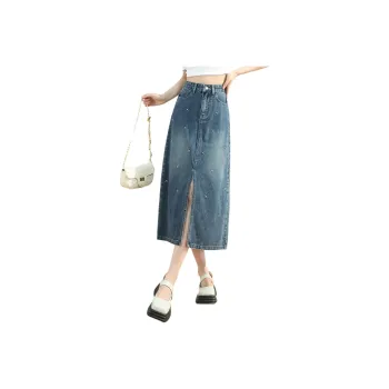 JEANSWEST American Luxury Streetwear Fashion Embroidery Design Split Flair Vintage Casual Versatile Summer Women's Blue