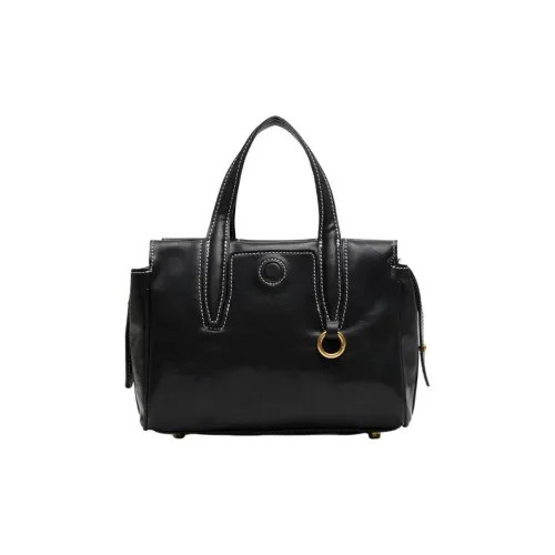 COCOEVA Crystal Vegetable Tanned Leather Boston Bag, One Shoulder Handbag Women's Black