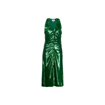 GANNI Sequin Ruched Midi Dress 'Kelly Green'