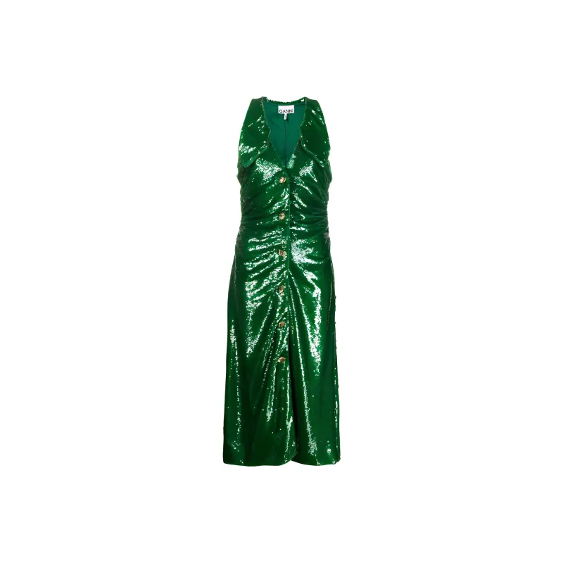 GANNI Sequin Ruched Midi Dress 'Kelly Green'-0