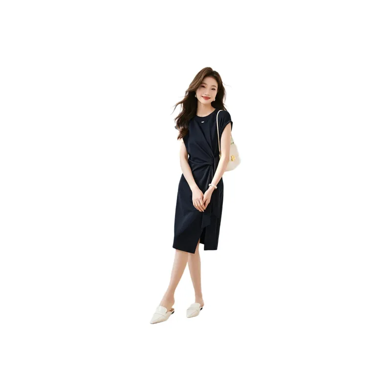 Mo Han Yi Mei Short Sleeved Dress Women's Navy Blue-0