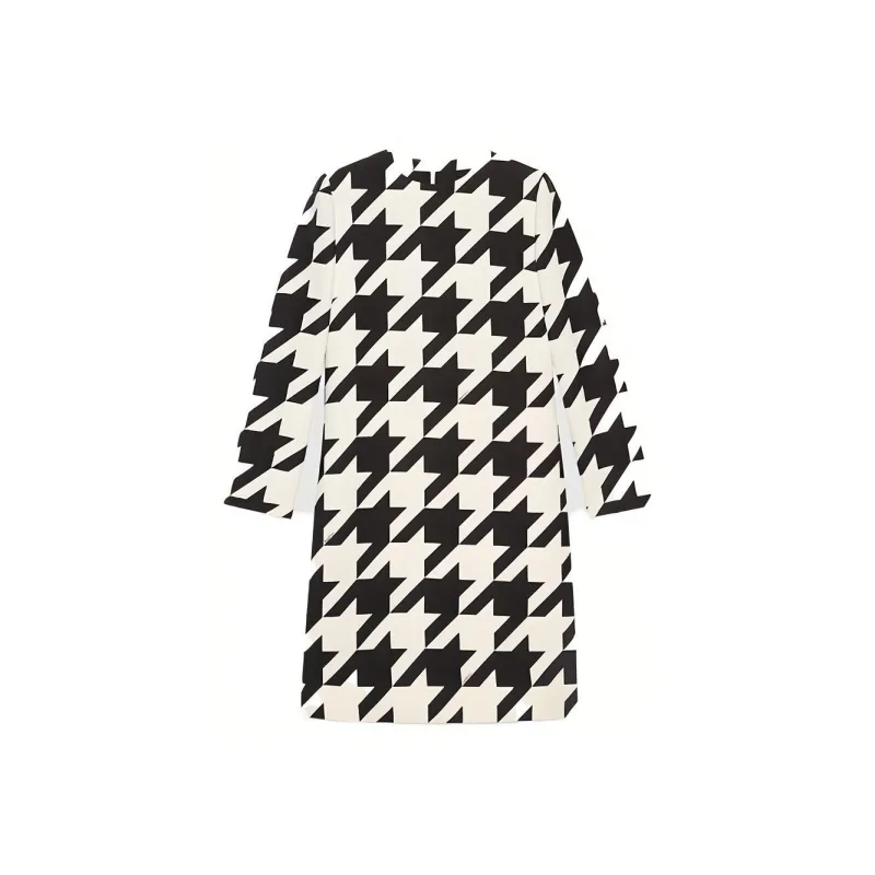 GUCCI Houndstooth Long Sleeve Shift Dress Multi-0