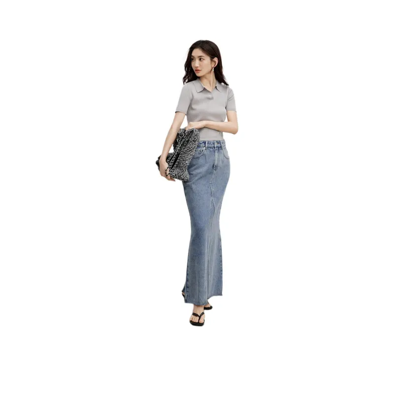 Hopeshow Denim Long Skirts Women's Denim Blue-0