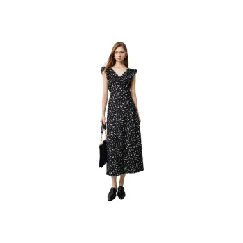 Initial Language Small-Sleeved Cinched Waist Short-Sleeved Dress Women's Black Base With White Flowers