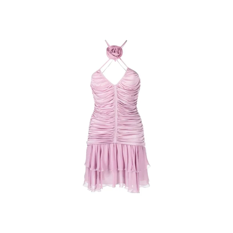 Blumarine Rose-Detailed Halterneck Ruched Mini Dress-0