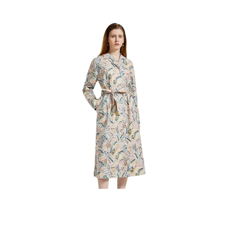 NINE WEST Long-Sleeved Dresses Women's White Base Coffee Flower-0