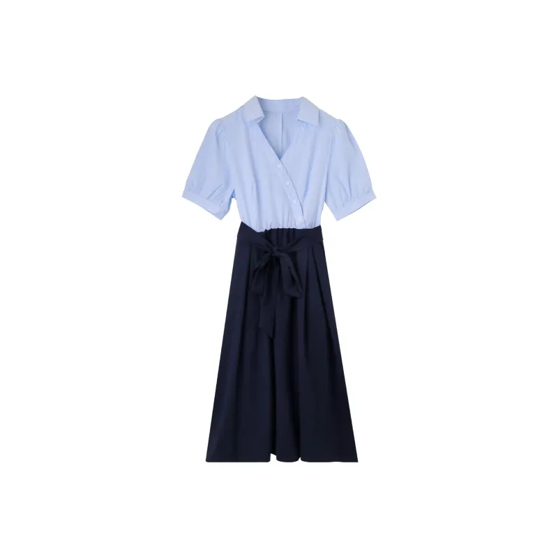 NAWAIN Short Sleeved Dresses Women's Blue Black-0