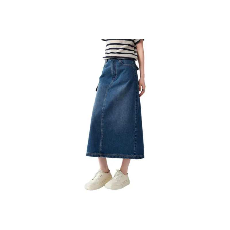 CHUMIAN Denim Long Skirt Women's Vintage Blue-0