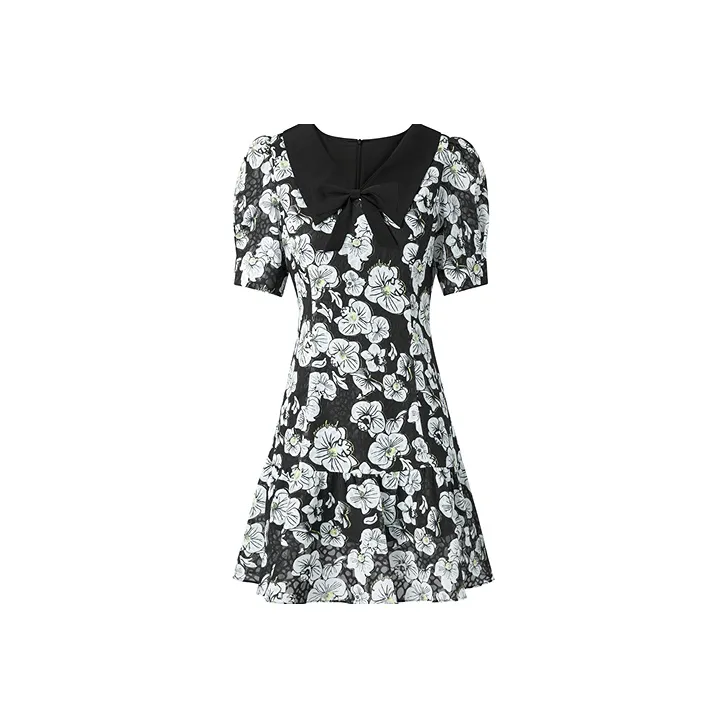 PEACEBIRD Short-Sleeved Dresses Women's Black Pattern-0