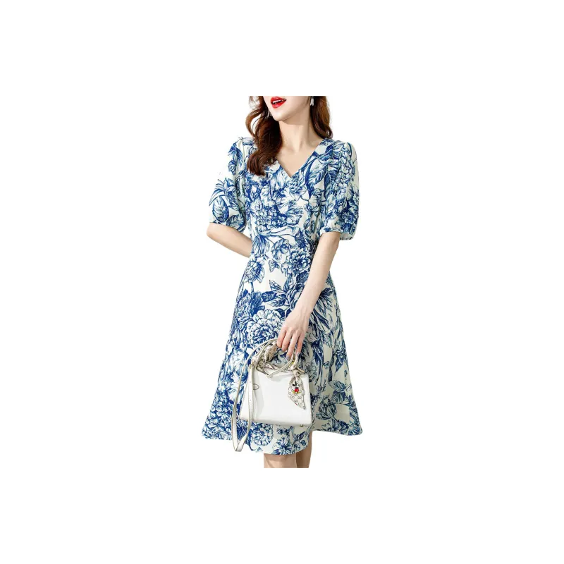 Wbwq Short Sleeved Dresses Women's Blue Floral-0