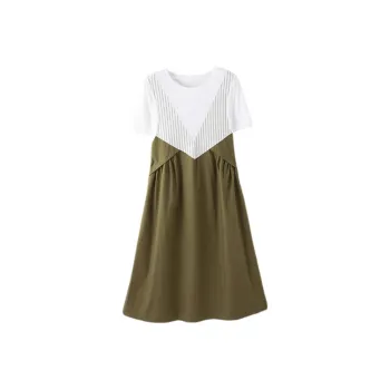 IHIMI Short Sleeved Dress Women's Army Green & White