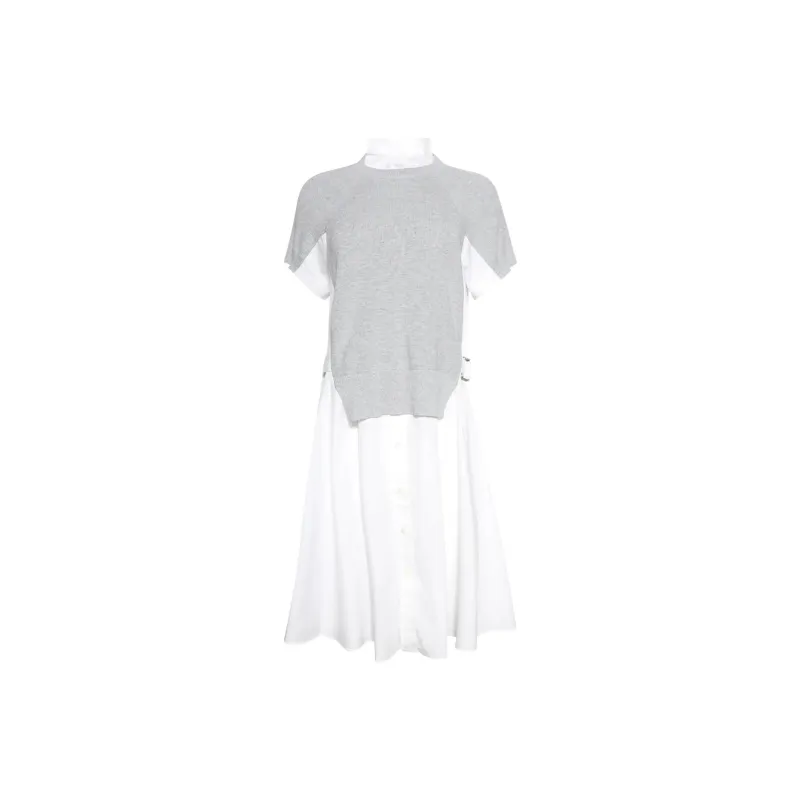 Sacai Cotton Knit X Cotton Poplin Dress 'Light Grey/Off White'-0