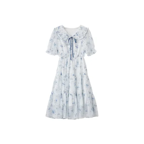 XIANGYING Short Sleeved Dress Women's Blue