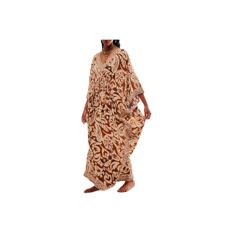 FREE PEOPLE Groovy Baby Maxi Kaftan Long-Sleeved Dresses Women's Henna/Nail Art-0