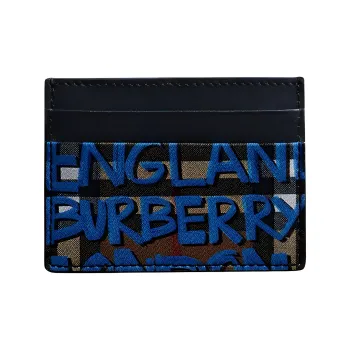 Burberry Card Case Graffiti Print Vintage Check Leather Black/Blue