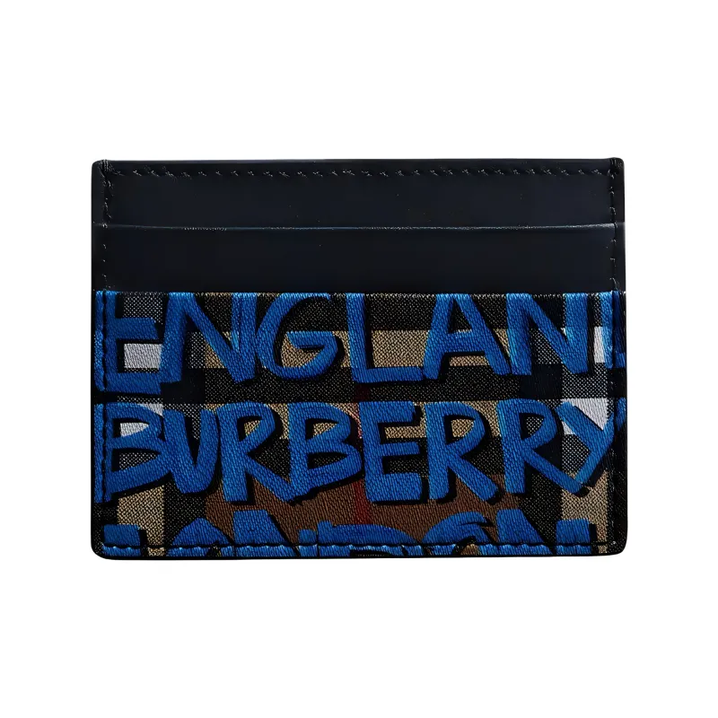 Burberry Card Case Graffiti Print Vintage Check Leather Black/Blue-0