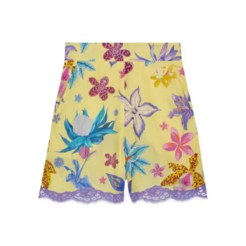 GUCCI Floral Print Lace Shorts Bright Yellow