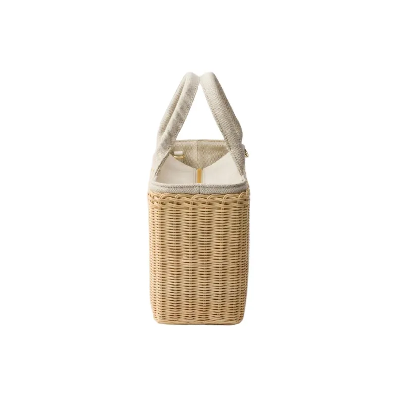 PRADA Wicker Handbag Medium Size Women's Tan & White-2