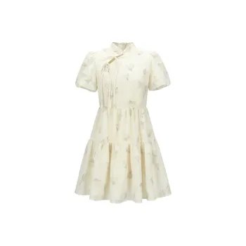 LEDIN Short Sleeved Dress Women's Yellow Print
