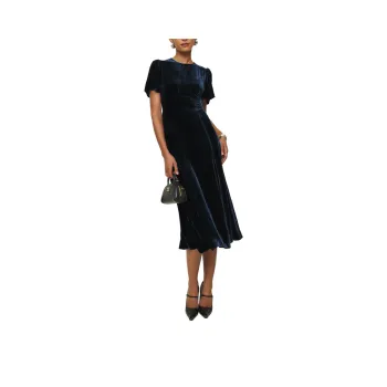 REFORMATION Quinne Velvet Dress Short-Sleeved Dresses Women's Marine Blue