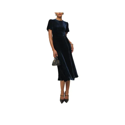 REFORMATION Quinne Velvet Dress Short-Sleeved Dresses Women's Marine Blue
