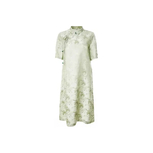 BESIONIA SS24 Short Sleeved Dress Women's Green Floral Pattern