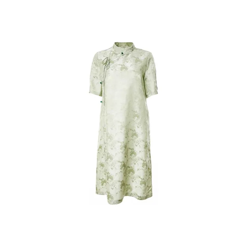 BESIONIA SS24 Short Sleeved Dress Women's Green Floral Pattern-0