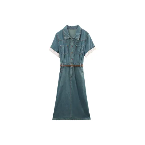 A Paradise For Awakening Short Sleeved Dress Women's Vintage Blue