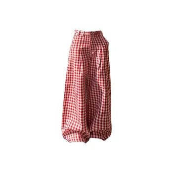 TIBINB Casual Pants Women's Red And White Plaid