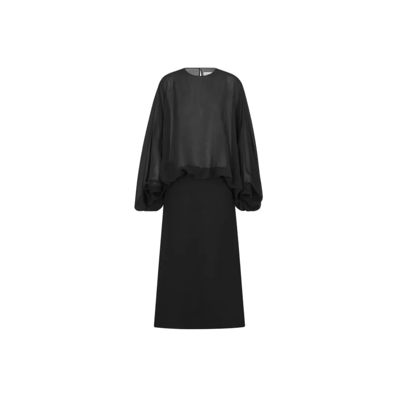 DIOR Flared Mid-Length Dress Long-Sleeved Dresses Women's Black-0