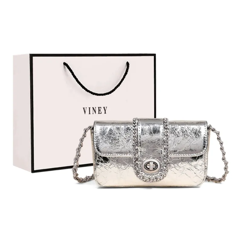 VINEY Cow Leather Shoulder Bag, Crossbody Bag, Small Square Bag Regular Women's Silver-0