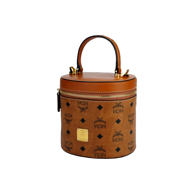 MCM Visetos Leather Cylinder Bag, One Shoulder Crossbody Bag, Shoulder Bag Small Size Women's Brown Cognac-1