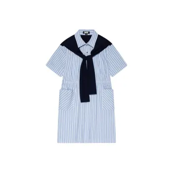 DKNY SS24 Short Sleeved Dress Women's Blue Stripes Pattern
