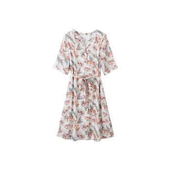 H-YXIANG Short-Sleeved Dresses Women's White Base Watercolor Floral