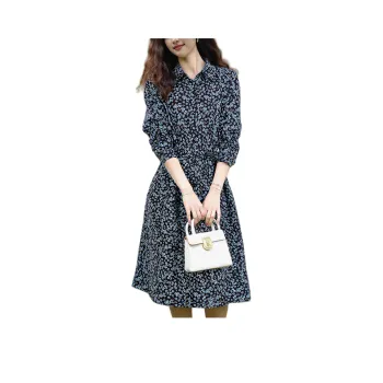 Wbwq Long Sleeved Dresses Women's Black Background With Blue Flowers