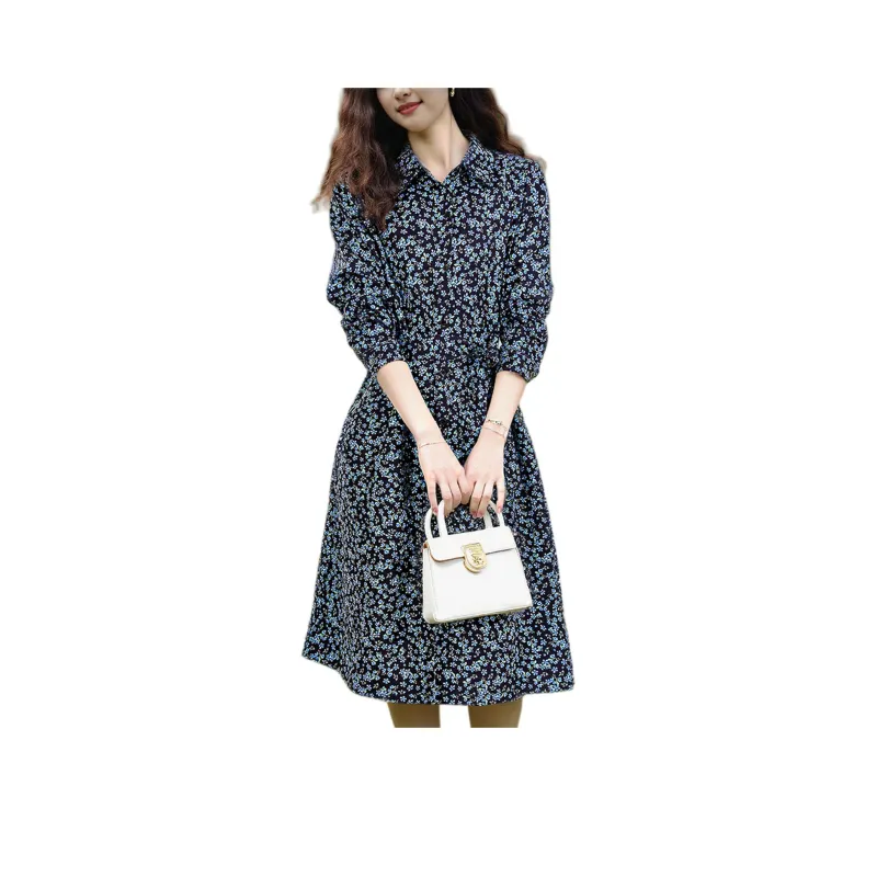 Wbwq Long-Sleeved Dresses Women's Black Background With Blue Flowers-0