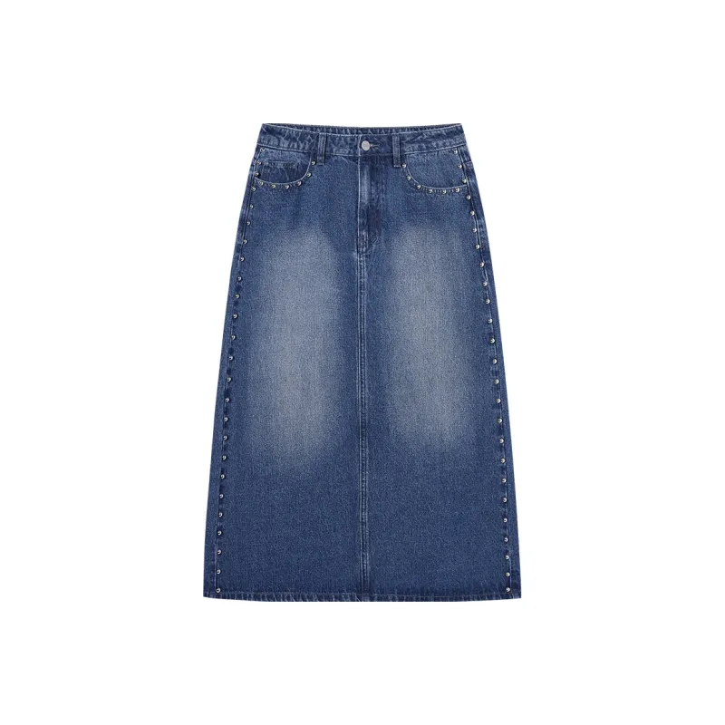 I'M ONE Denim Long Skirts Women's Washed Denim Blue-0
