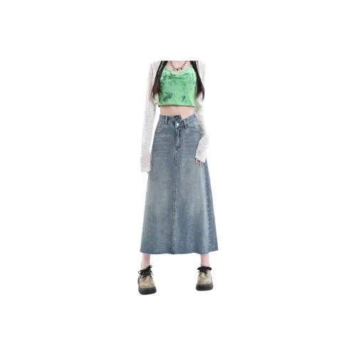 Rose Denim Long Skirts Women's Vintage Blue