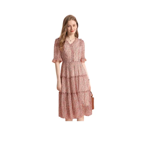 FENHONGMALI Short Sleeved Dress Women's Orange
