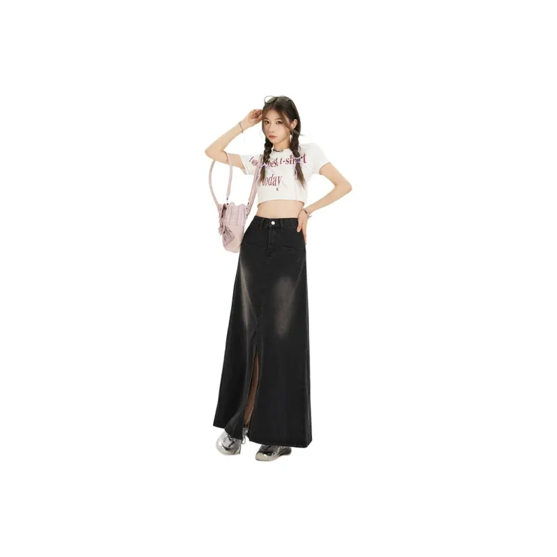 FHMY Denim Long Skirts Women's Black Gray Color-0