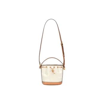TORY BURCH T Monogram Patent Leather Bucket Bag, One Shoulder Handbag Women's Stone White