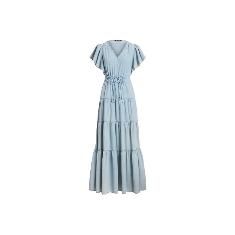 Polo Ralph Lauren Chambray Tiered Maxidress Short-Sleeved Dresses Women's Blue-0