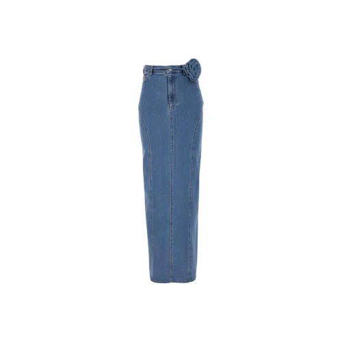 Rotate Floral Detailed Stretchy Maxi Denim Skirt