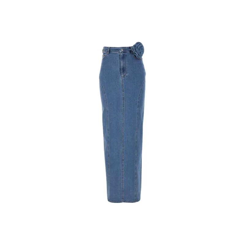 Rotate Floral Detailed Stretchy Maxi Denim Skirt-0