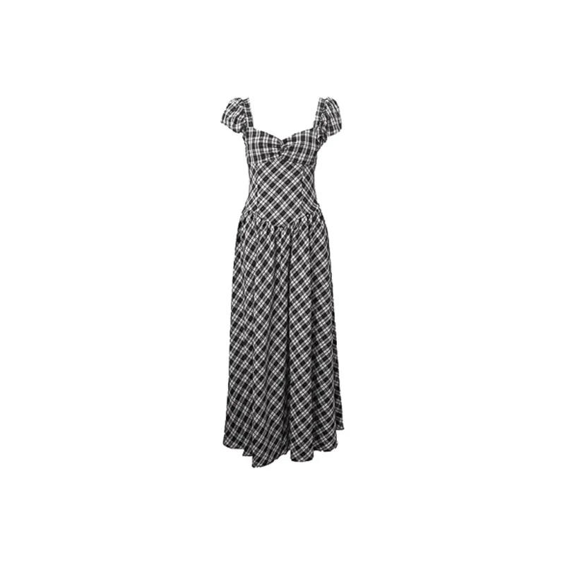EIDM Short Sleeved Dresses Women's Gray Black Plaid-0