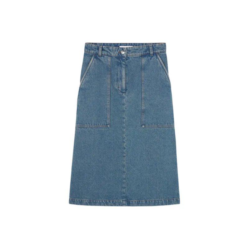 Maison Kitsune Logo Embroidered A Line Denim Midi Skirt-0